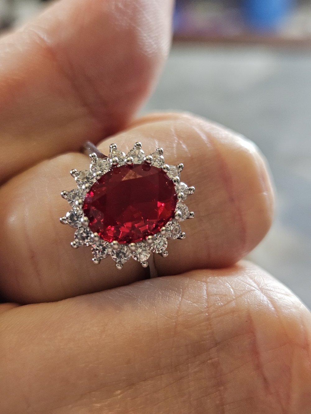Elegant Red Oval Halo Cocktail Ring - Women Jewelry